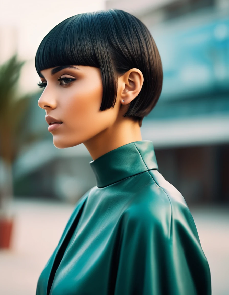 photograph, Foul Futuristic arabic Female Tanner, Visionary hair, Bowl cut hairstyle, near School, soft focus, Ultrarealistic, Normcore Art, VOGUE, profile photo, film grain, Nikon Z9, F/8, four colors, [art by Léon Bakst, (art by Jarek Kubicki:0.7) :3],