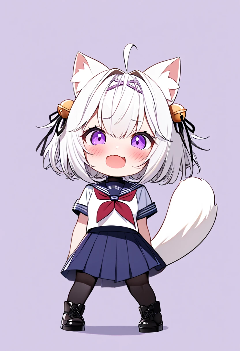 master piece, best quality, ultra-detailed, illustration, 1girl, solo, chibi, (big head), cute pose, front view, Filiansailor, ((purple hairclip)), hair bell white hair, short hair, cat ears, ahoge, purple eyes, blush, laughing, fluffy tail, serafuku, black turtleneck, short sleeve, red neckerchief, blue skirt, black stockings, black shoes, ((simple background)), 