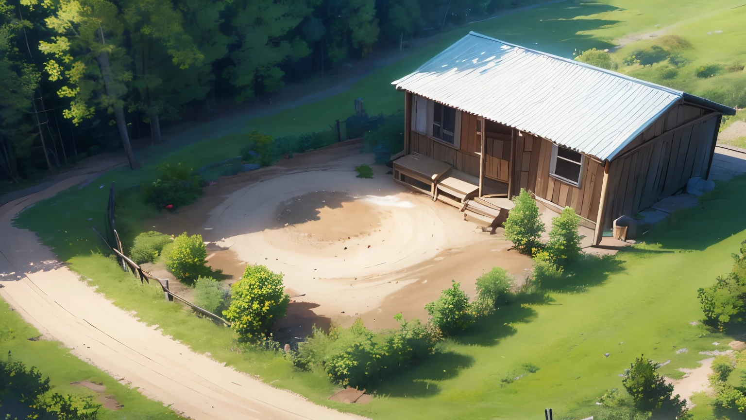 (high quality hd, 4k) (visual novel scene) a dirt road seen from above. 