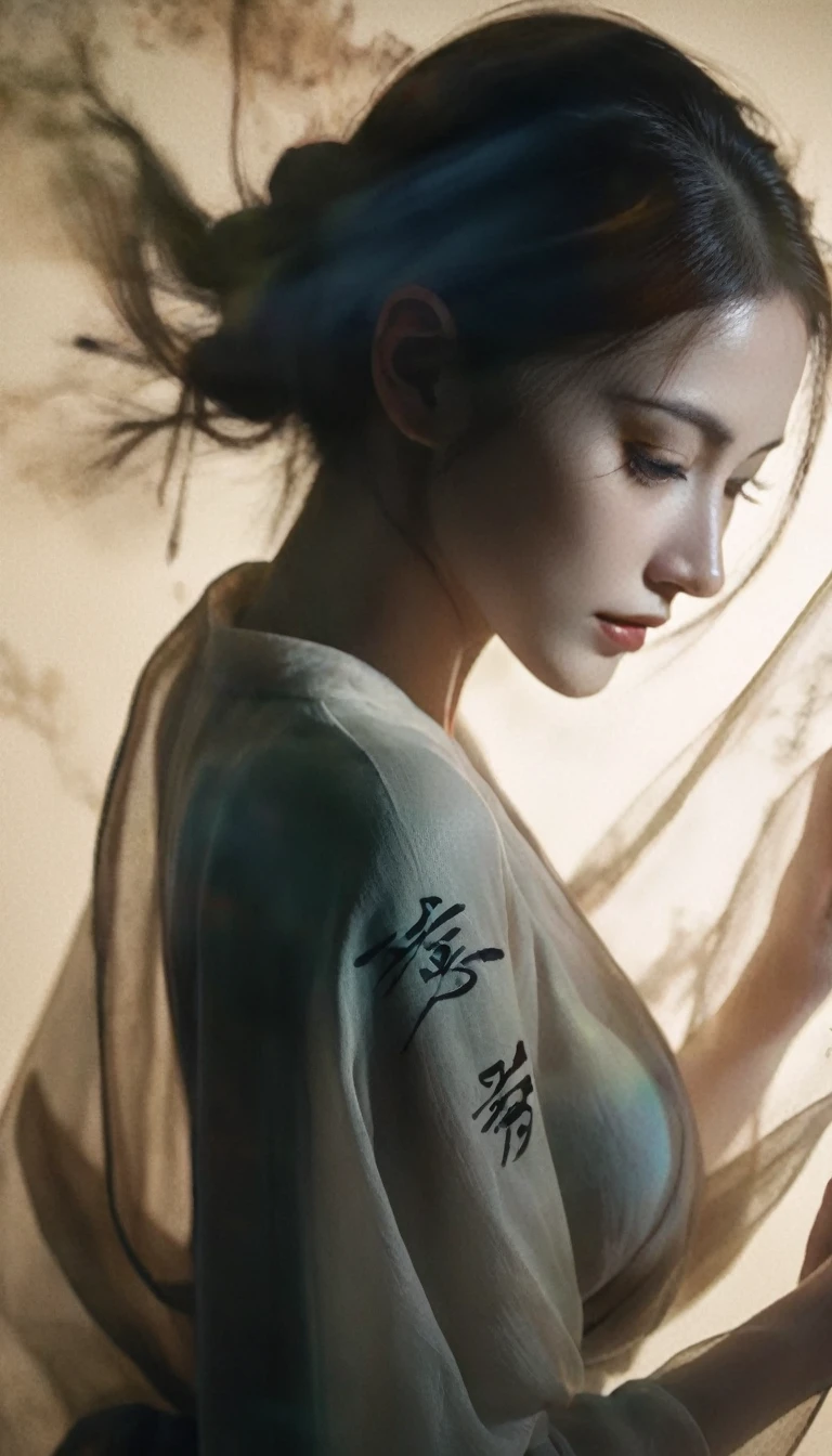 Double exposure style,Volumetric Lighting,Girl in wrap top,Arching her back,Traditional clothing,Artistic calligraphy and ink,light depth,Dramatic atmospheric lighting,Volumetric Lighting,Ghosting effect,Image combination,Double exposure style,