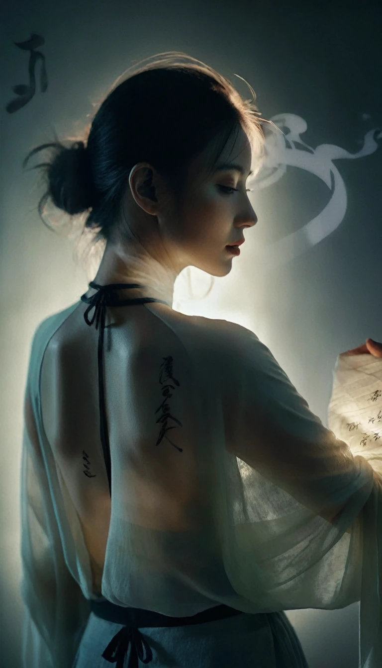 Double exposure style,Volumetric Lighting,Girl in wrap top,Arching her back,Traditional clothing,Artistic calligraphy and ink,light depth,Dramatic atmospheric lighting,Volumetric Lighting,Ghosting effect,Image combination,Double exposure style,