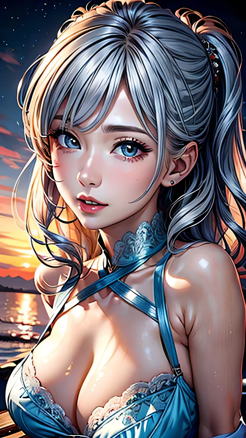 Very beautiful princess with bright eyes, Portrait of a 35 year old mature woman, Serious expression, rage, Ultra-realistic, Very detailed, Dynamic facial expressions, large natural breasts, Pastel Blue Dress, Fine and beautiful eyes, Beautiful lip detail, Very detailed目と顔, Long eyelashes, Detailed face, masterpiece, 最high quality, high quality, High resolution, sexy, 