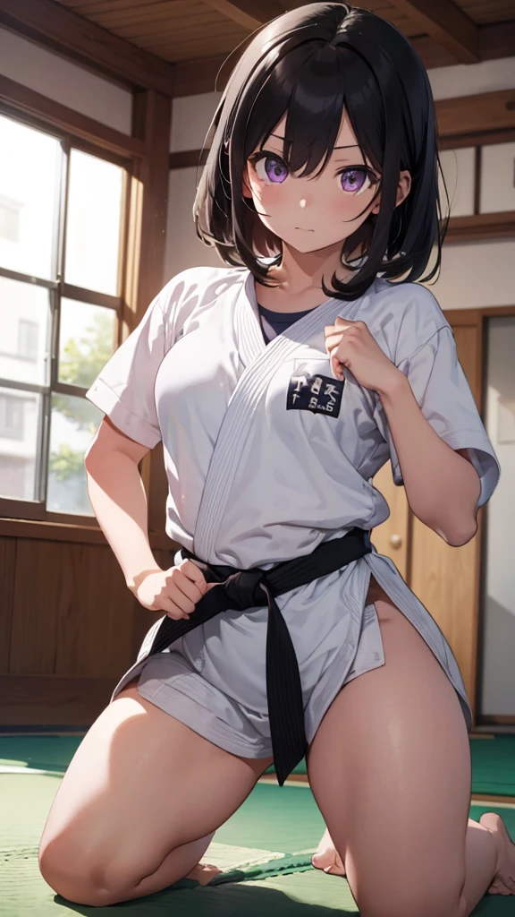 ((masterpiece, Highest quality, Very detailed, Very nice 8K CG wallpaper)), Shion Suminoe, A little thick, Unkempt hair, Black Hair, short hair, Purple eyes,judo player、長袖judo着、Large Breasts像、ロングjudoパンツ、judo、Serious expression、Inside the judo Gymnasium、、On the tatami、discovery、One Girl、Ready for battle、A tough fight、Black Hair、Hair between the eyes、Large Breasts