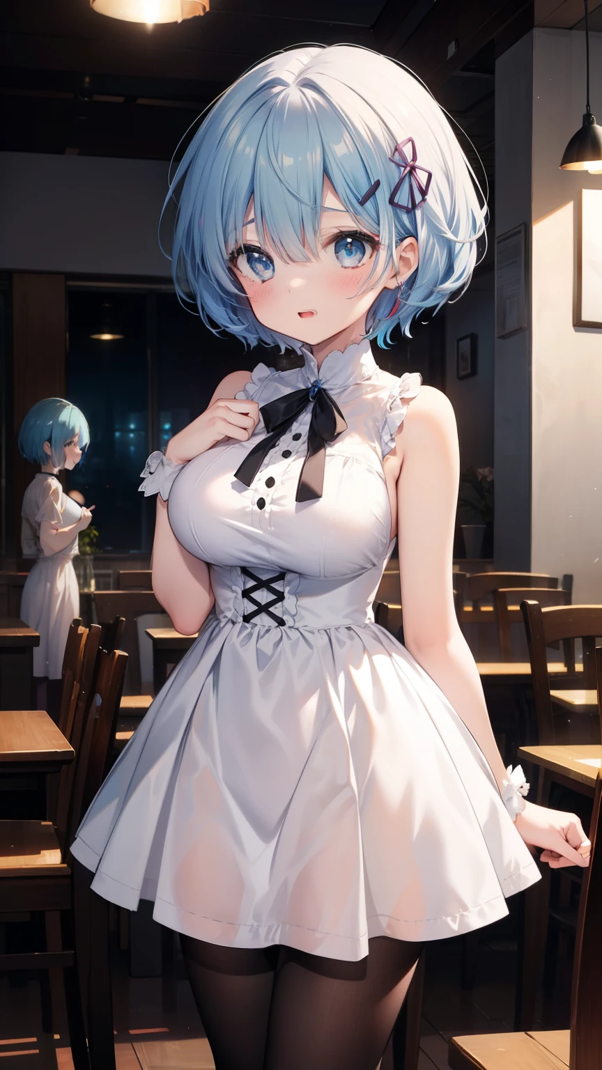Rem from Re:NULL、light blue hair、short hair、table top、High resolution、many girls multiple girls、large crowd、lots of cute girls、big and full breasts、naughty body、See-through、throw、、whole body、Are standing、Look up at me、confused face、blush、embarrassing、Excited、white breath、black pantyhose、female shape'Private parts are clearly visible、You can see the miniskirt of Nippurikuro、very short skirt、hospital、hospital room、Many people々々々々々、in the crowd、bare chest、show your chest、Upper grade、A lot of milk comes out from the nipples、Breast milk gushes from the nipple、white nurse uniform、cat ears nurse uniform、white one-piece nurse uniform、bangs that cover one eye、pink hairpin、、white sandals、ahegao、Cumming face、climax、Feels good、I feel it、masturbation、open your mouth and stick out your tongue、leaning forward、Become an inner thigh、wet floor、Wet inner thigh、man close behind、lean against the wall、drool、Inner thighs are wet、Love juice is dripping from the crotch、Lower back falling out、dorsal position、sex、Insert male genitalia from behind、Sit on a chair