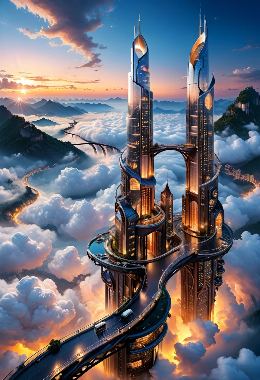 The city stands on top of the clouds, and its buildings are entirely made of liquid metal, which can be constantly transformed and reconstructed according to the wishes and needs of residents. When dawn first appears, tall buildings transform into winding bridges, and at midnight they become dazzling starry towers, presenting an unprecedented picture of life, (masterpiece, best quality, Professional, perfect composition, very aesthetic, absurdres, ultra-detailed, intricate details:1.3)