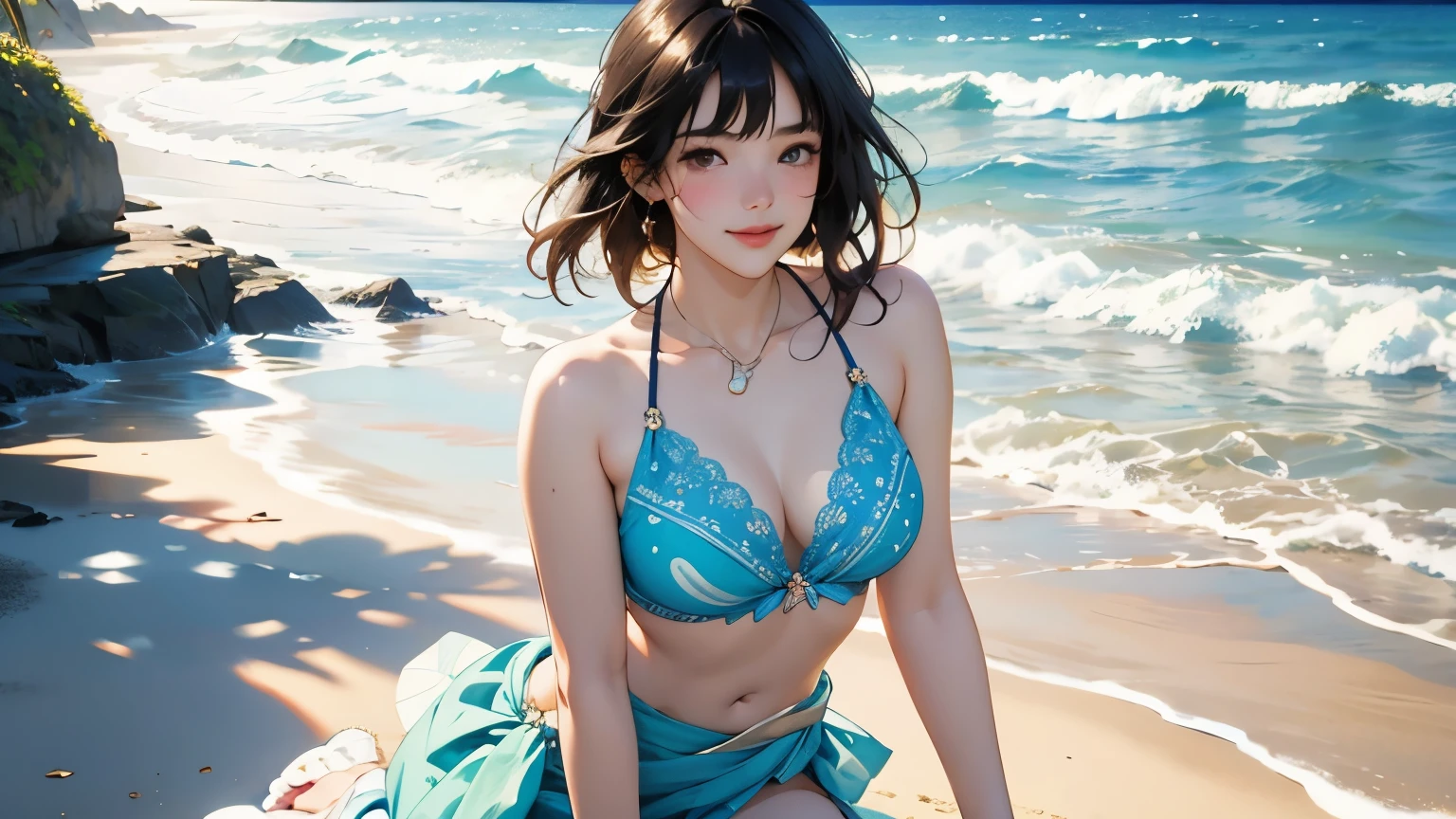 Very beautiful  girl, Cute Face、 Beautiful shiny bangs,  ((Detailed depiction of a beautiful face))、 Refreshing and gentle look,Smiling Kindly、Beautiful and fair、Glowing Skin, bright,Small breasts，Lace Bikini，See through，Bikini Swimwear、Photorealistic perfect body、(A pareo with bold ethnic patterns and primary colors wrapped around the waist and skirt)、particles of Light、Light、tropical、cinematic Light、On the sunny beach、With the sea in the background、Blur the background、((Highest quality, masterpiece, High resolution)), 4K Digital Art、8K high quality, detailed art、((reality))、((Anime Art))、wallpaper、