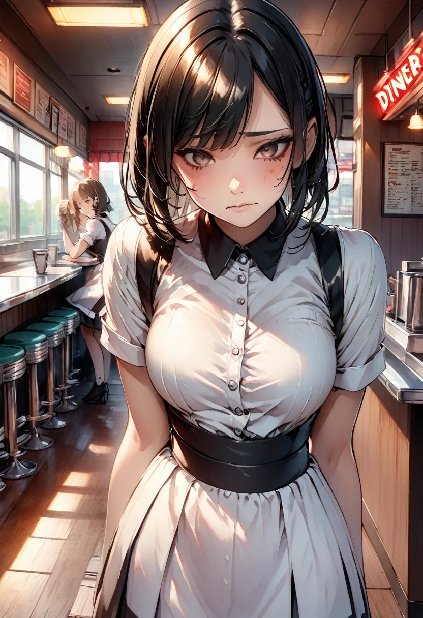 Illustration, 24 year old woman, medium black hair, brown eyes, pretty, tired, bruised eye, black eye, expressionless, waitress outfit, diner, standing, looking at viewer