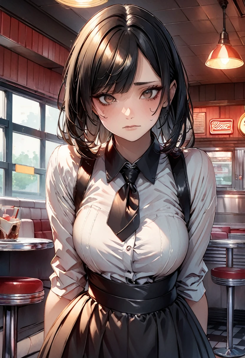 Illustration, 24 year old woman, medium black hair, brown eyes, pretty, tired, bruised eye, black eye, expressionless, waitress outfit, diner, standing, looking at viewer