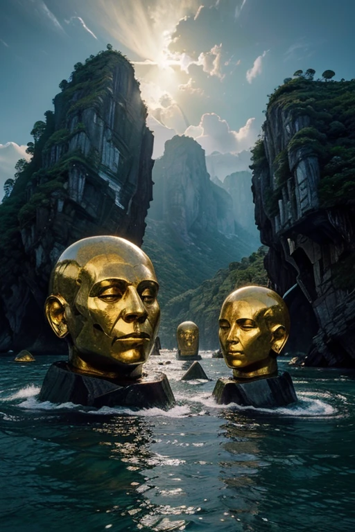 (masterpiece, Best quality:1.2), super detail, cinematic lighting, HDR, illustration, Giant stone heads as a habitat in the middle of the sea, colorful, Monks in procession, a secret, very detailed, high contrast, golden ratio composition, epic view, masterpiece,