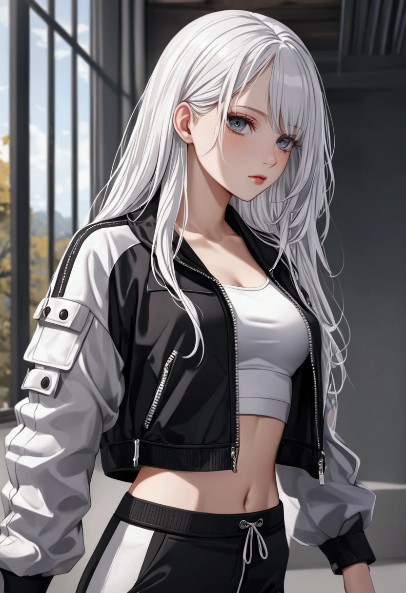 A girl with long white hair,grey eyes,fair skin tone, average height,croptop jacket and pants, detailed eyes, detailed body, 8k highres best quality.