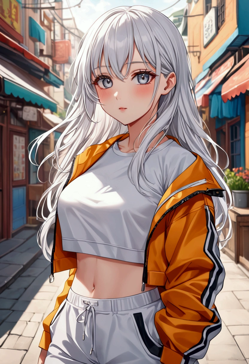 A girl with long white hair,grey eyes,fair skin tone, average height,croptop jacket and pants, detailed eyes, detailed body, 8k highres best quality.