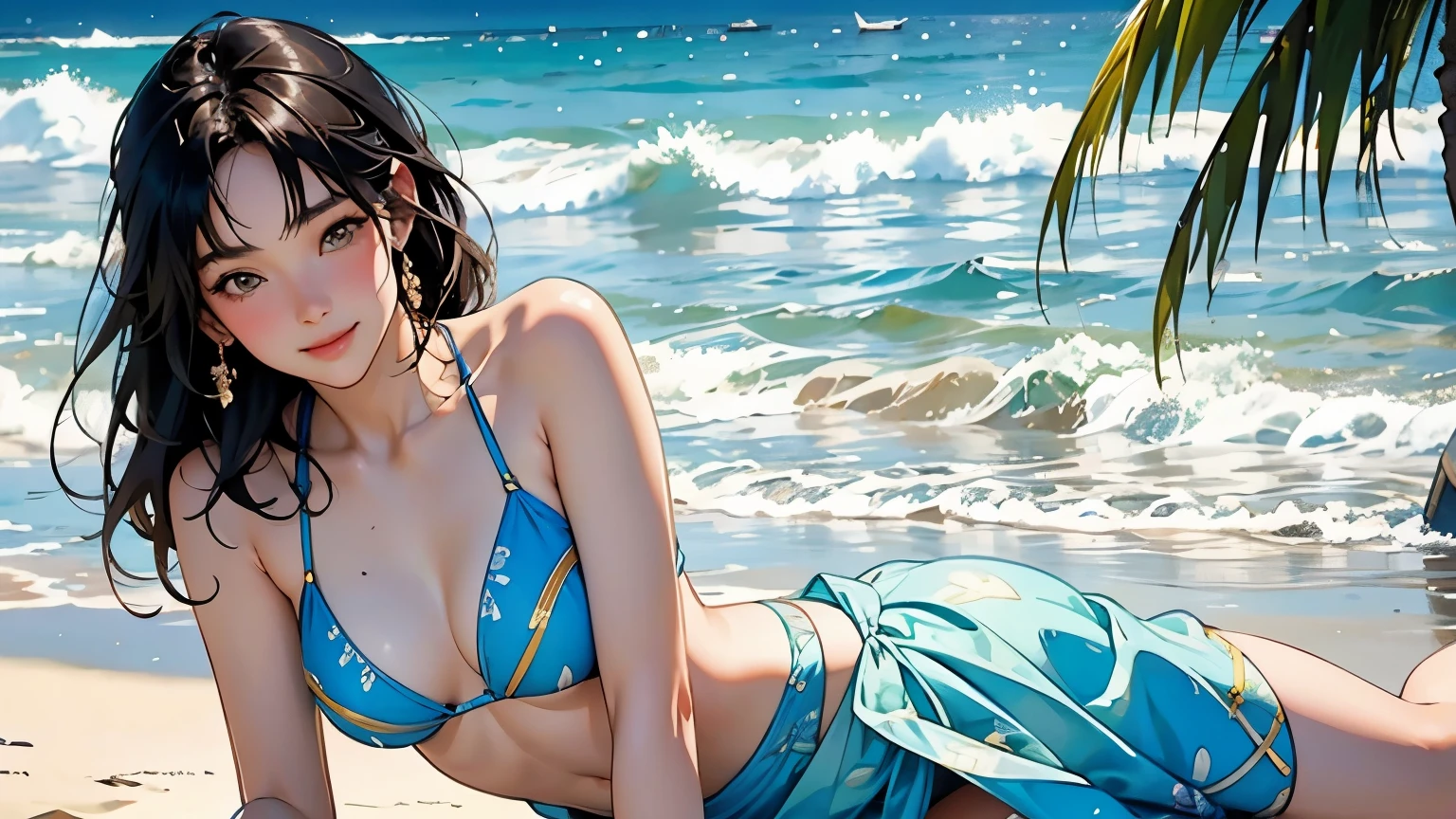 Very beautiful 17 year old girl, Cute Face、 Beautiful shiny bangs, ((Detailed depiction of a beautiful face))、 Refreshing and gentle look,Smiling Kindly、Beautiful and fair、Glowing Skin, bright,Small breasts,Lace Bikini,See through,Bikini Swimwear、Photorealistic perfect body、(A pareo with bold ethnic patterns and primary colors wrapped around the waist and skirt)、particles of Light、Light、tropical、cinematic Light、On the sunny beach、With the sea in the background、Blur the background、((Highest quality, masterpiece, High resolution)), 4K Digital Art、8K high quality, detailed art、((reality))、((Anime Art))、wallpaper、