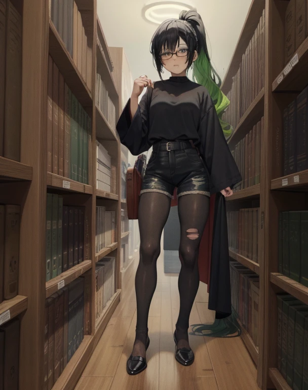 bright green hair, and a ponytail, library, bookshelf, glasses, character full body portrait, full body, a character portrait, dark red Hogwarts robe, black shirt, teen female emo art student, black jean shorts, black pantyhose, black hair pins, dark skin, torn black shirt, full body character portrait, inspired by Eiichiro Oda, stirrup leggings,
