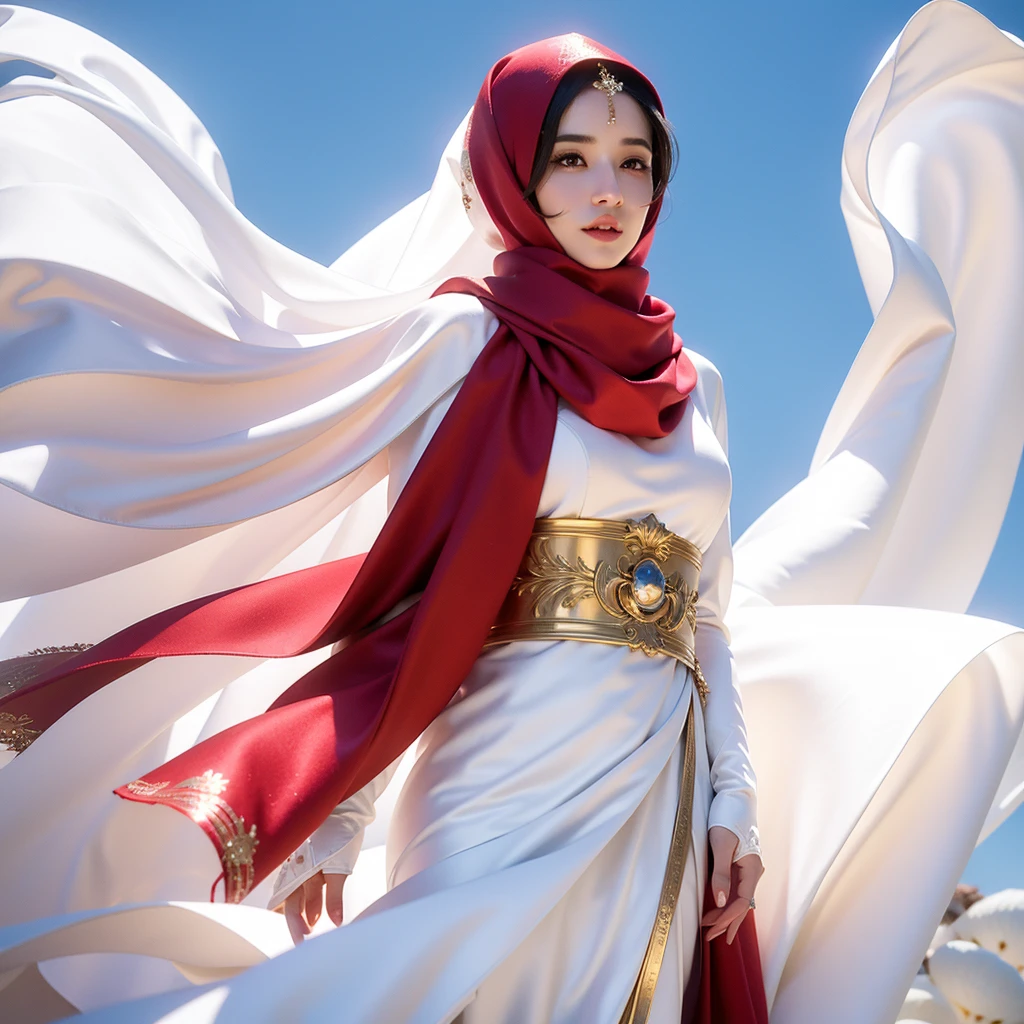 arafed woman in a white and gold dress and a red scarf, beautiful oriental woman, white hijab, wonderful, wearing a luxurious silk cloak, portrait shot, traditional beauty, captured on canon eos r 6, arabian beauty, beautiful arab woman, gorgeous lady, dilraba dilmurat, flowing golden scarf, hijab, ao dai, beautiful asian girl, fanart
