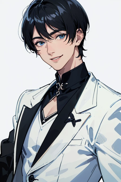 (smiling , Chico , black hair , short hair , White skin , blue eyes , black and white suit , smiling , handsome )