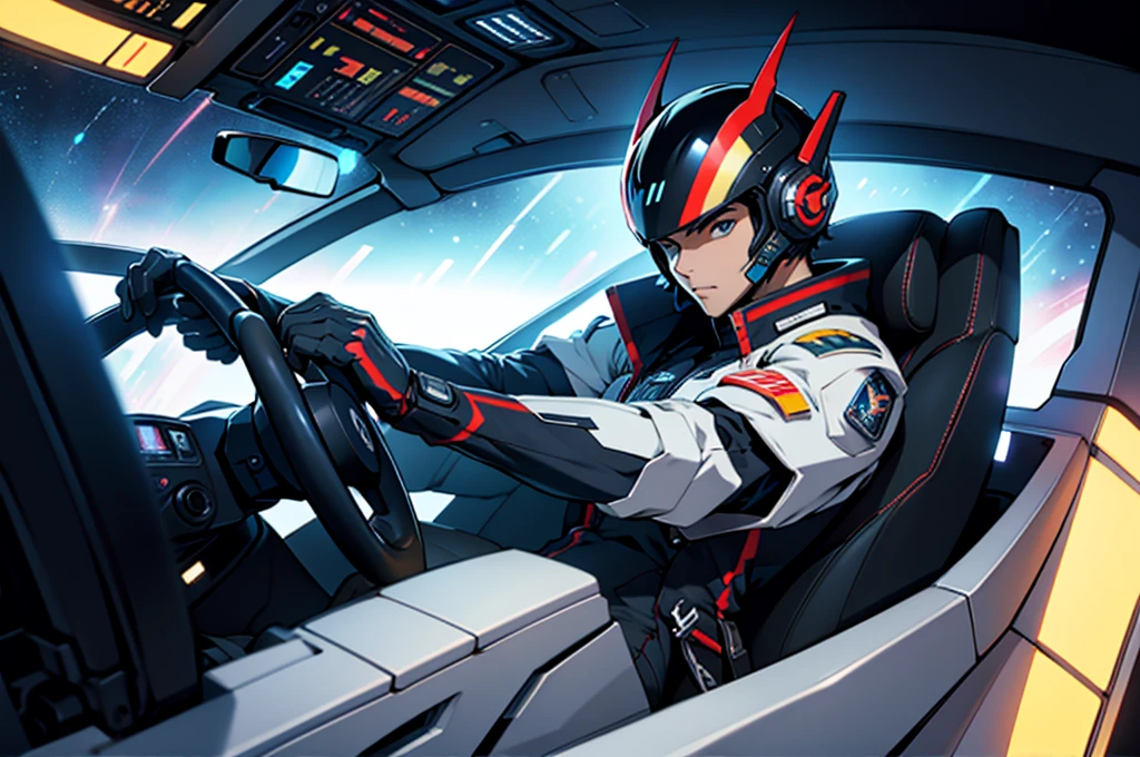 male space pilot in cockpit with mechanized futuristic suit 2d anime style ((Best Quality)) ((High Resolution)) ((10k))