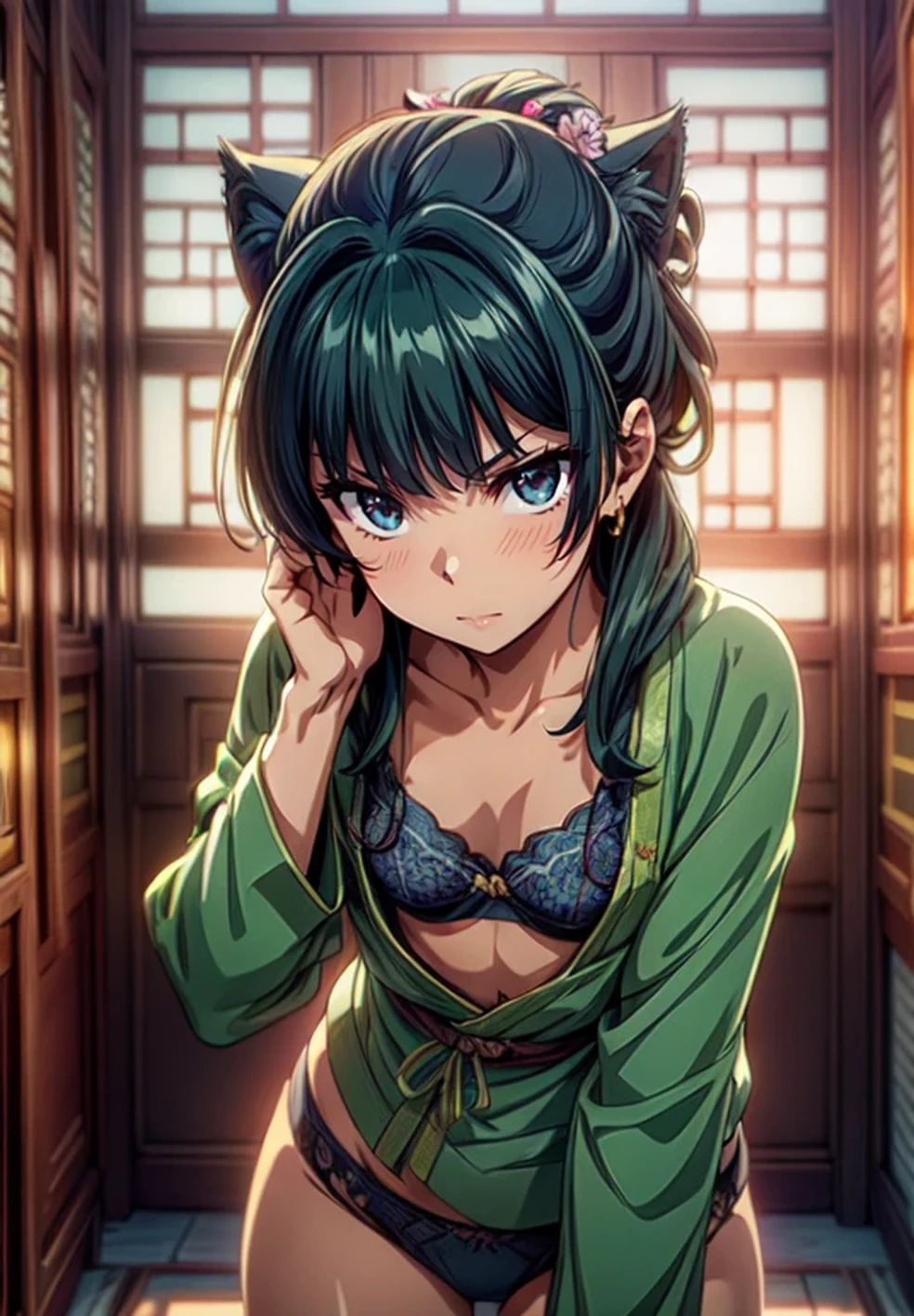 (Masterpiece, High Quality, Top quality, High-Detailed, Detailed CG, Cinematic Shadow, Cinematic Scene, Beautiful Detailed Eyes, Ultra Resolution, Depth of Field, High Resolution, Masterpiece: 1.2), Anime art style, Very detailed, Dynamic Angle, Style, Detailed Green Hair, Detailed Blue Eyes, Slim Body, Cat Ear, Sparkling Eyes, Sparkling Detailed Eyes, Hair Accessory, Earrings, Slightly Blunt Bangs, Looking at the Audience, (Blush Expression:1.2), (Angry Expression:1.2), (Dark Green Hair), (Chinese Style Lingeries), (Chinese Underwear), (Chinese Flower Pattern on Lingeries), Lingeries, Underwear, Purple Eye, Five Fingers, Good Composition, Arms, Thighs, Small Breasts, Small Size Breasts, Blur Background, Chinese Architectures