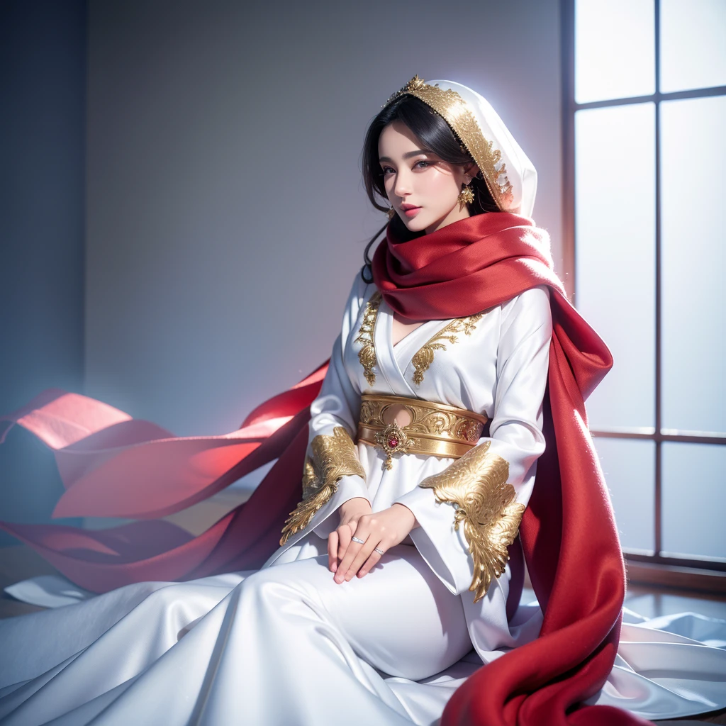 arafed woman in a white and gold dress and a red scarf, a picture inspired by Nazmi Ziya Güran, shutterstock, hurufiyya, beautiful oriental woman, white hijab, wonderful, wearing a luxurious silk cloak, portrait shot, traditional beauty, captured on canon eos r 6, arabian beauty, beautiful arab woman, gorgeous lady