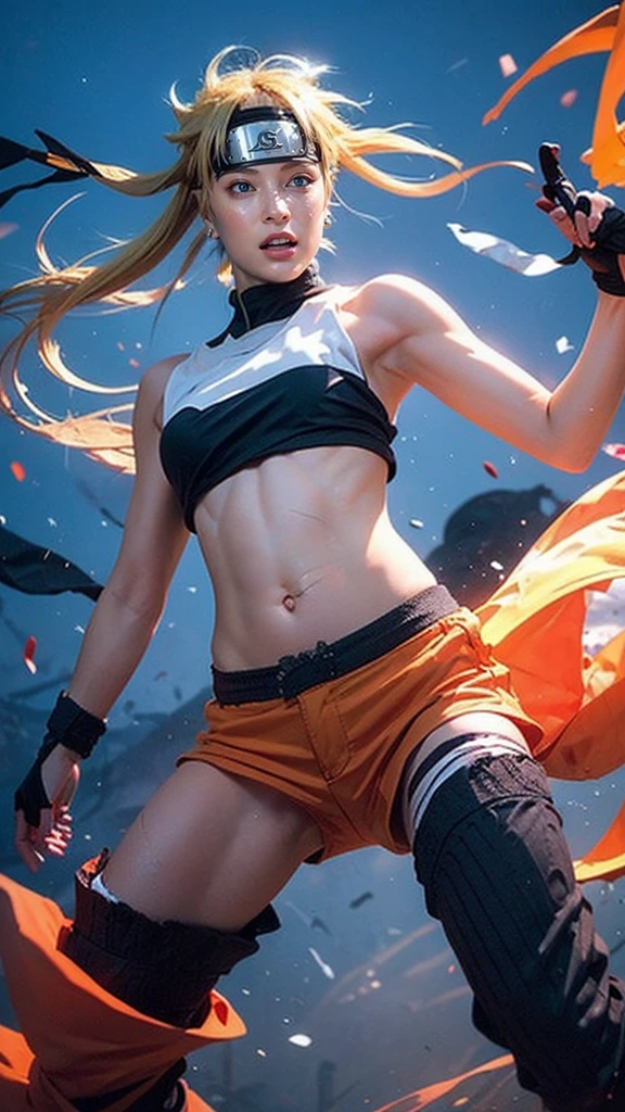 Moisturized skin, (gradient eyes), realistic body, (adult female body), energetic, (), (girl), crop top,
BREAK,
bright red lipstick, (beautiful navel), (golden hair), beautiful hair, (Naruto Uzumaki's outfit), (twintails),
BREAK,
((masterpiece + highest quality + high resolution + highly detailed)), (full body: 1.2), symmetrical, one shot,
BREAK,
(electric shock), (wind blows), (blue electricity), (battle stance: 1.4),
BREAK,
assassination, cut, kunai, fantastical, dynamic,