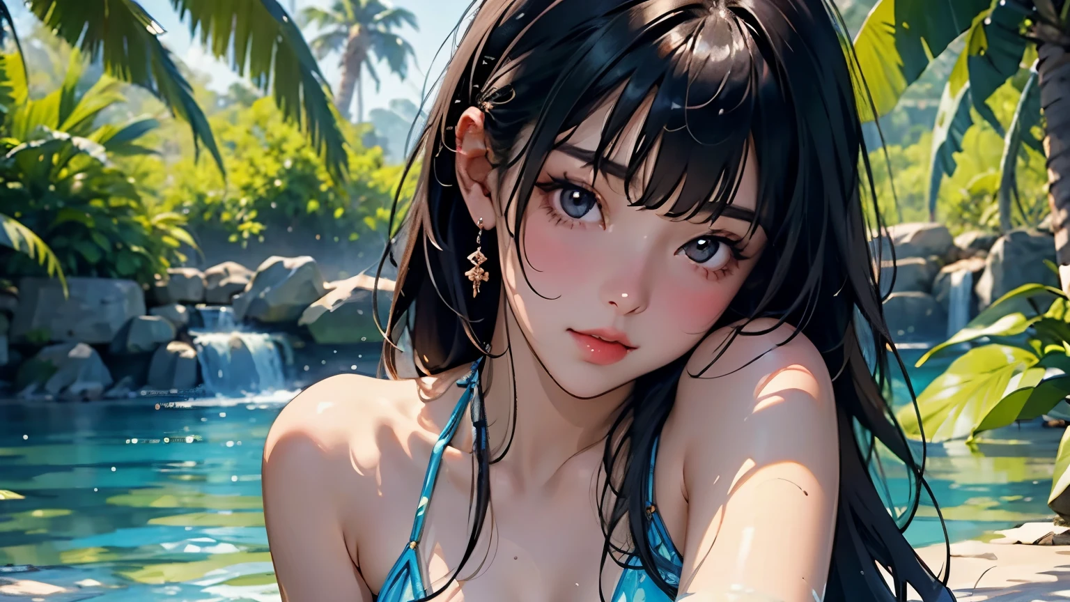 Very beautiful girl, See through,Beautiful and fair、Glowing Skin, bright, Refreshing and gentle look, Perfect beautiful face、Beautiful shiny bangs, Small breasts,Lace Bikini,