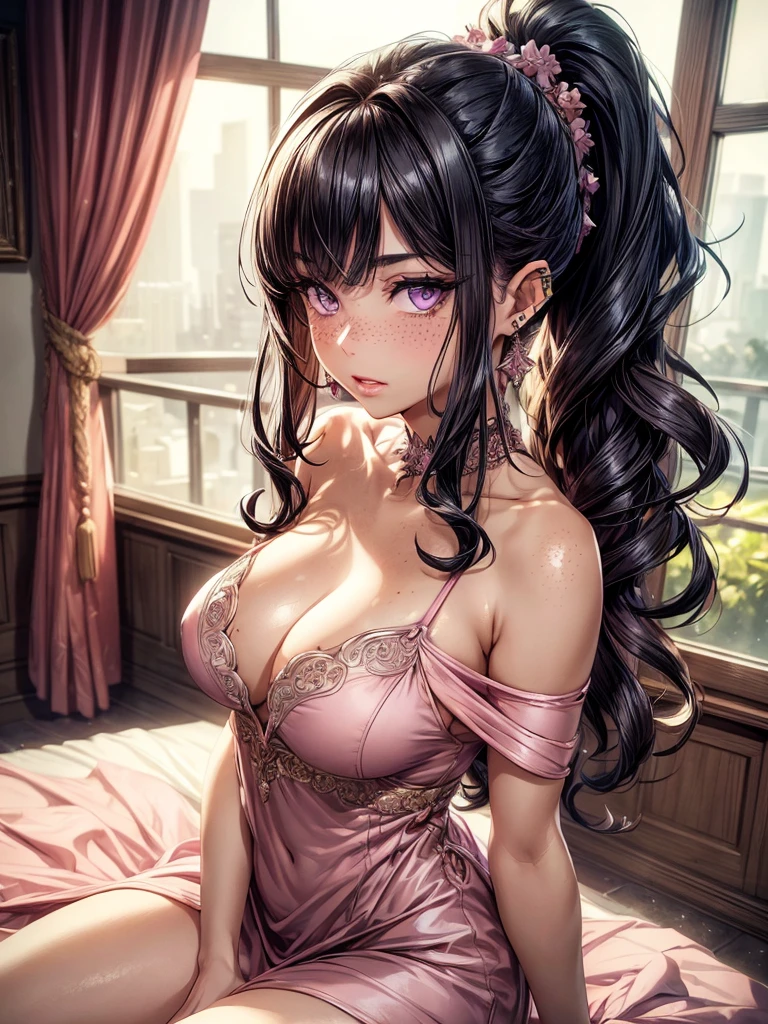 ((Best quality)), ((masterpiece)), (detailed: 1.3), beautiful woman, One girl, ((purple eyes)), Cinema Lighting, ((black hair, ponytail hairstyle, wavy hair, long bangs)), (pointy ears), earrings, piercing, tanned skin, ((pink short dress, off shoulders)), large breasts, cleavage, open clothes, thick ass, choker, necklace, beach, sitting, bedroom, pink walls, very detailed eyes, very detailed hair, very detailed clothes, very detailed face, beautiful eyelashes, sultry eyes, juicy lips, soft blush, posing sexily, provocative, looking at viewer, in love with viewer, very expressive face, smooth skin, freckles, natural eyebrows, soft smile