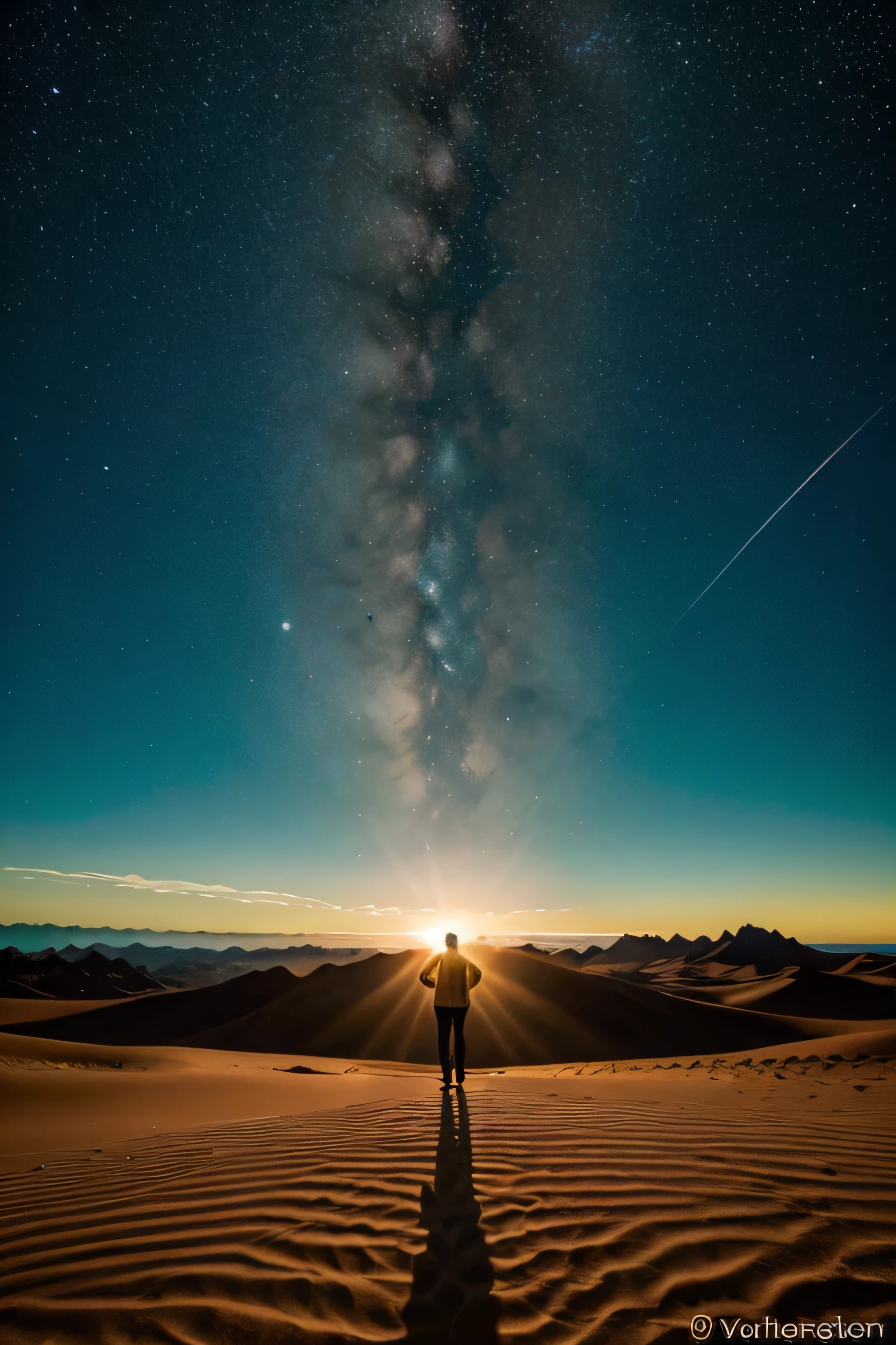 **Image description:**
The image shows a vast universe full of stars and galaxies, representing the creation of the cosmos. In the middle, a planet earth seen from space, surrounded by a celestial aurora of vibrant colors.
In the bottom left, There are majestic mountains and deep oceans, with waves rising to the sky. On the right, a wide and flowery desert, with a solitary tree that symbolizes life in the midst of aridity.
On top, a figure of light, representing God, spreads his arms over creation. From your hands, Rays of light and love spread throughout the image, touching every corner of the universe, the mountains, the oceans and the desert.
--- This description can serve as a guide for a visual artist who wants to capture the essence of the song in an image.
