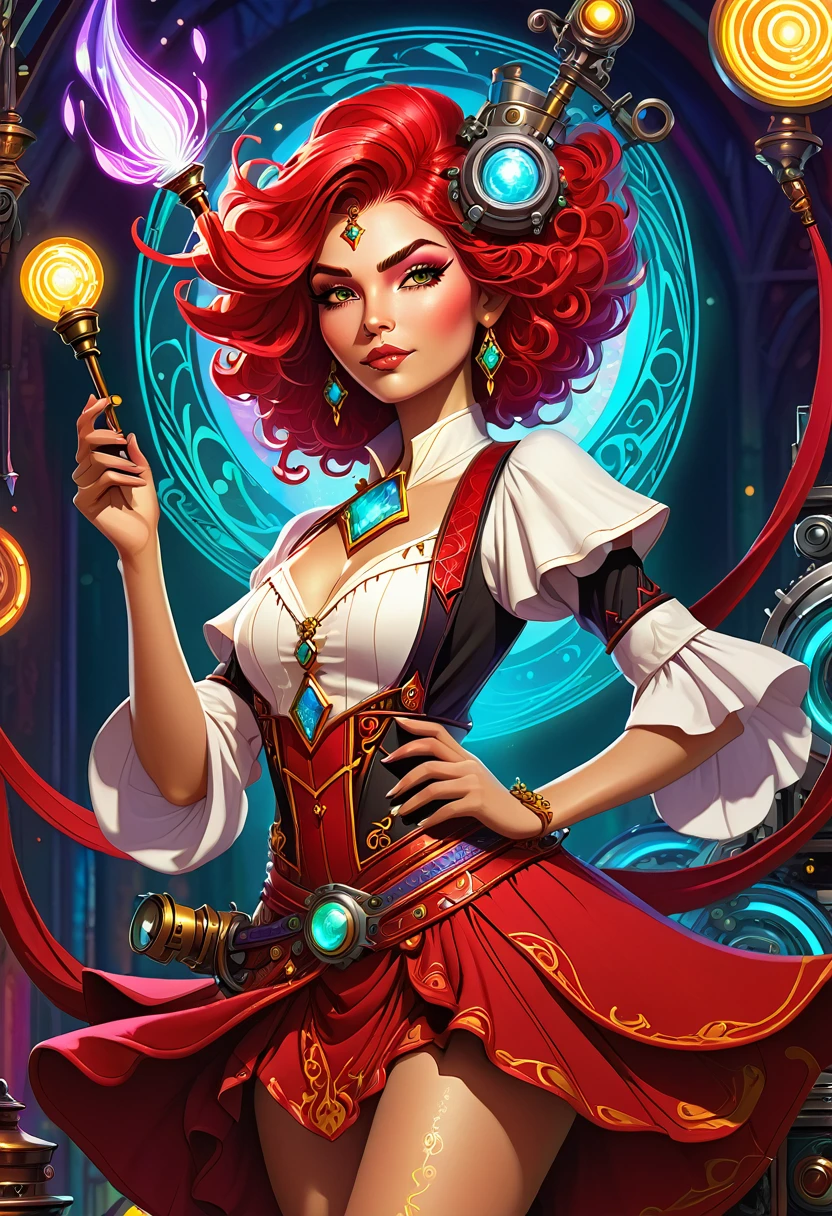 a high-quality illustration of [Ava Red], the [Wizard of Magical Colors], [mechanical priestess], [ Tonk Girl], fantasy art, vibrant colors, mystical, powerful, detailed character design, whimsical, magical elements, digital painting, full body, dynamic pose, creative interpretation