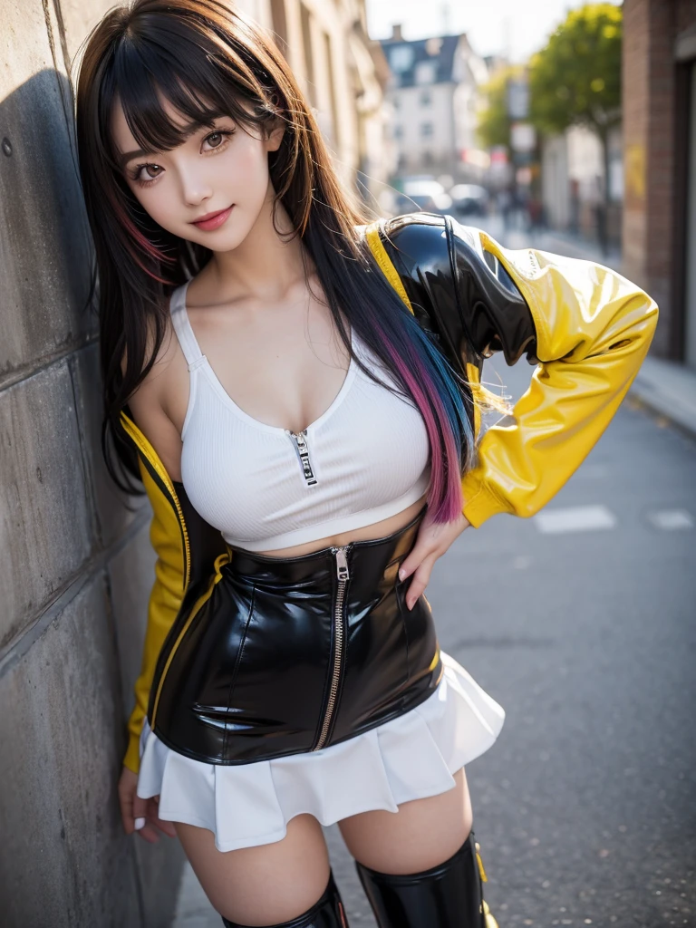 bangs down,beautiful girl,Maid clotheasterpiece,Latex suit,Standing posture,perfect face,perfect breasts,long hair,Outstanding style,stimulating,Cute outfits,Horny girl,double eyelid,Naughty Girls,Erotic and cute,mini skirt,ribbon on uniform,colorful hair color,yellow eyes,leather jacket,horny girl,Knee-high boots, Colorful,multicoloured,future fashion,smile,,zipper bra,Multicolored clothing