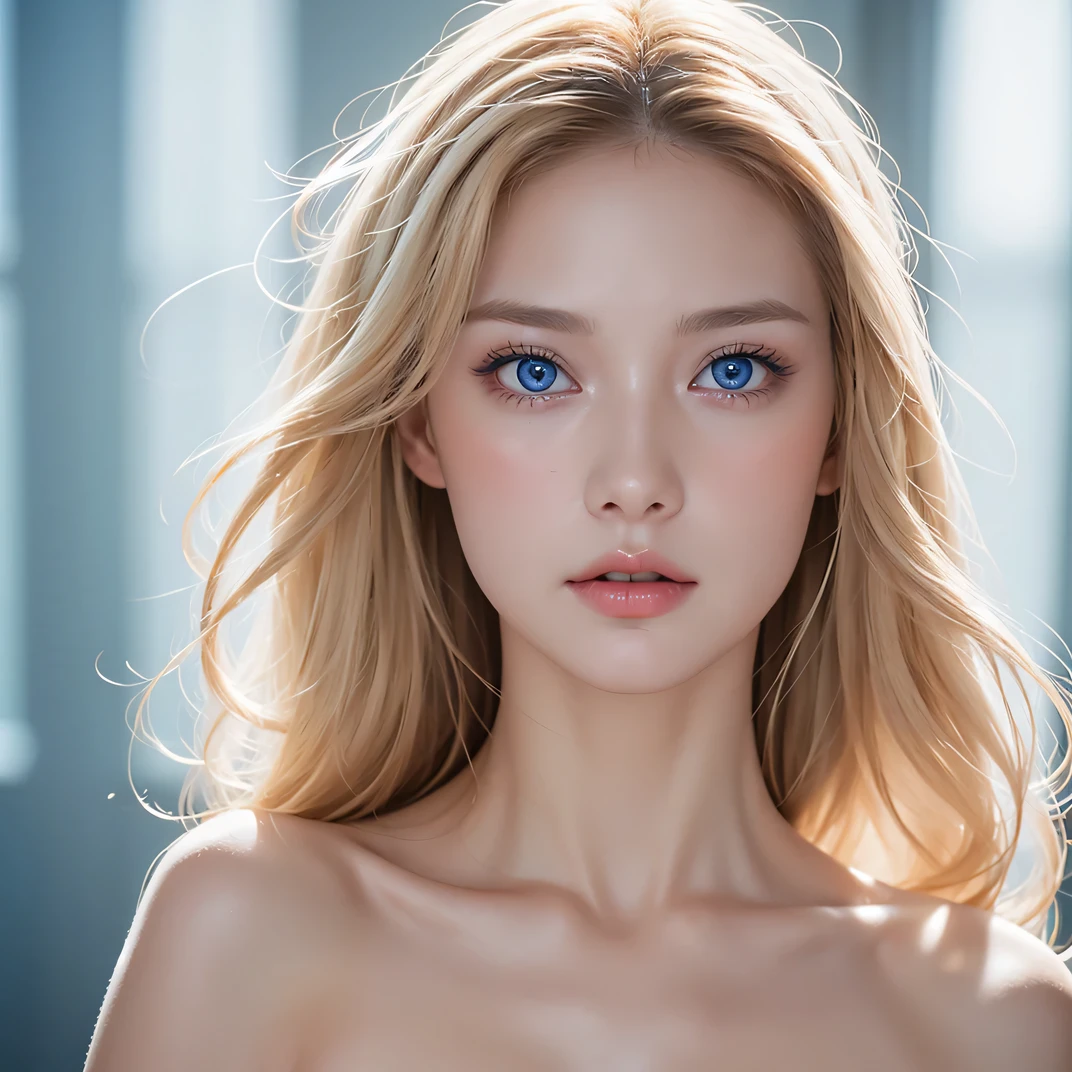 Sexy Woman, 30th Generation, Height: 160cm, Bust 88cm, Blonde, Blue Eyes, Delicate face,White and soft breasts, Blurred Background, Super Detail, looking at the camera,Nasty look,Sweat dripping all over the body,Semi-nude