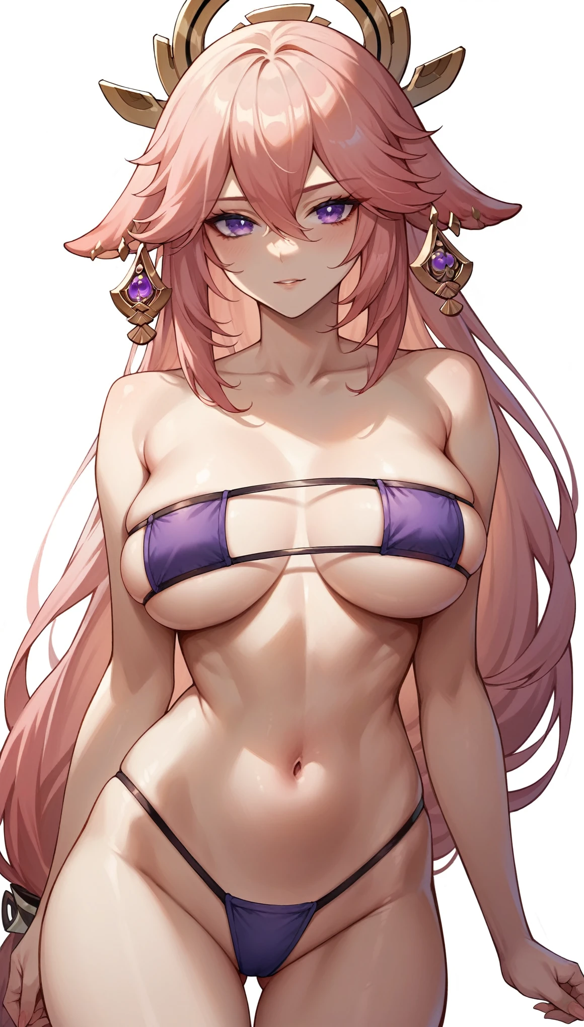 yae miko (genshin impact),beautiful girl,adult,big breasts,fit,purple eyepatch bikini,stand,front view,white background