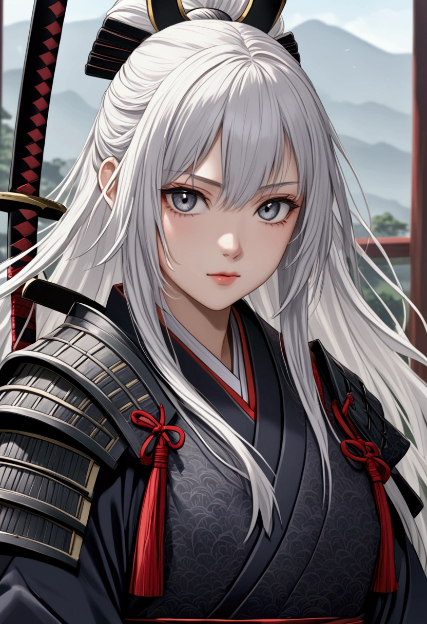 A girl with long white hair,grey eyes,fair skin tone, average height,samurai, detailed eyes, detailed body, 8k highres best quality.