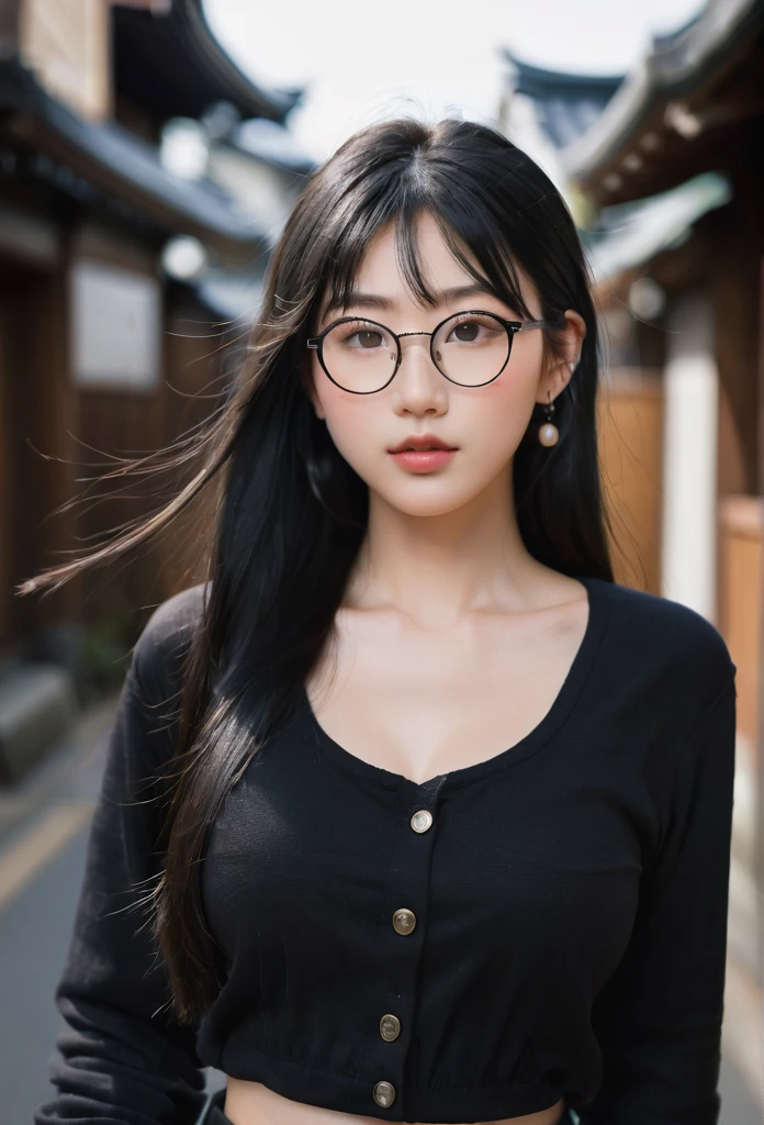 One girl, Black Hair
Black-rimmed glasses accurate, Textured skin, Normal body type, normal lips, black clothes Black pants, dark skin, long hair, Earrings,
No makeup, thick eyebrows, bulbous nose, Japanese, Japanese face, round face