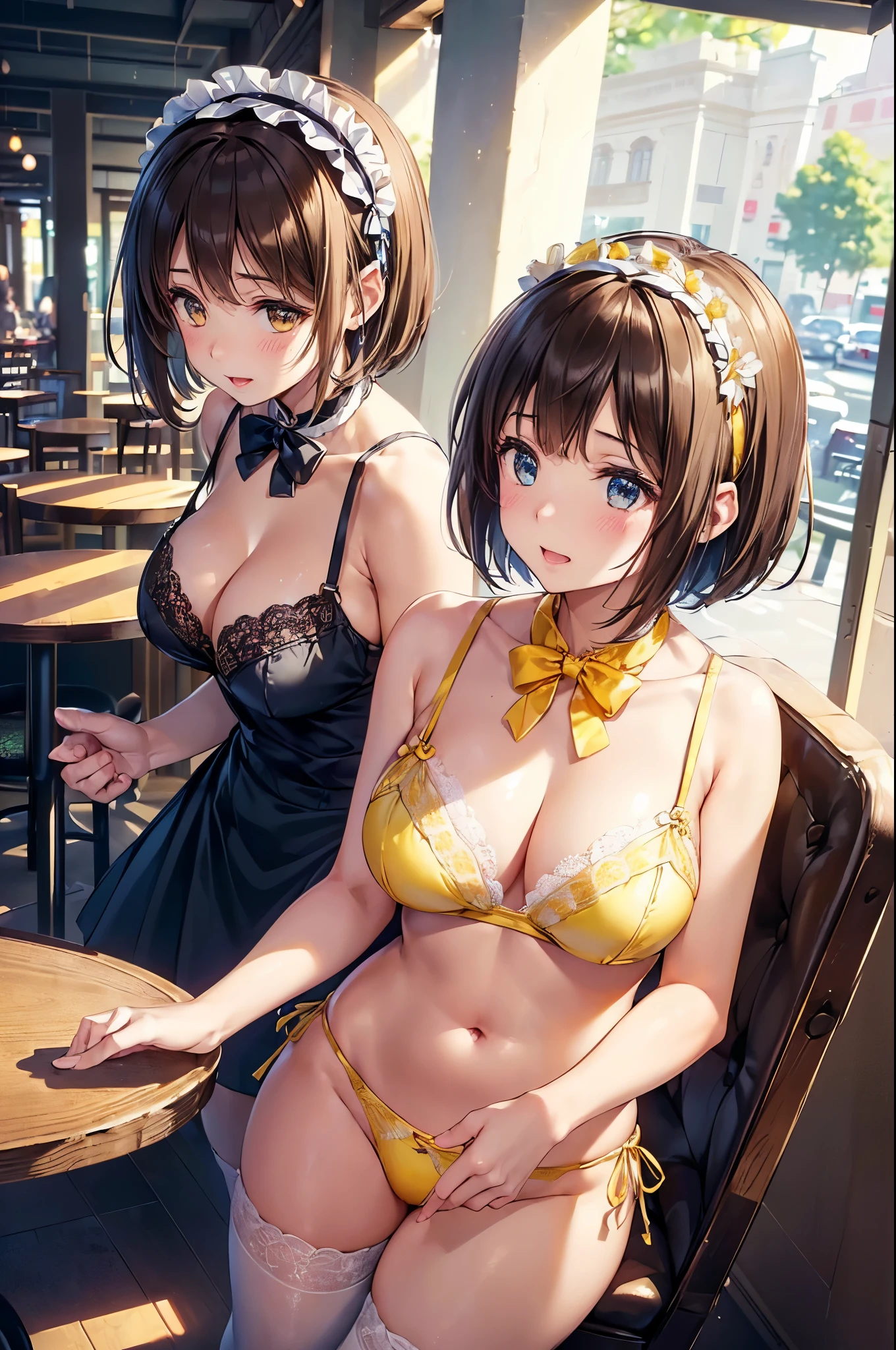 (((masterpiece, Highest quality, High resolution, 超High resolution, Perfect Pixel, Depth of written boundary, 4K, RTTX 10.0))), Beautiful Anime Woman, Beautiful art style, Anime characters, ((Smooth texture, Realistic texture, Anime CG Style)), Perfect and accurate finger count、Exact number of legs、(Exact number of arms:1.0, Exact number of hands:1.0), (Perfect hands, Perfect Anatomy), Cinematic, Realistic, Extremely detailed CG, Daytime lighting, Perfect lighting, Best Shadow, The best natural light, whole body, Perfect body, バランのとれたPerfect body, Perfectly balanced style, Slender body, ((bangs, Dark brown hair, Bobcut)), ((A cute adult woman is standing facing this way:1.8)), ((Bow tie around neck:1.3), (Sexy and stylish light blue underwear:1.3), (Stylish shiny yellow satin panties, Side-tie panties, Panties with plain yellow center and lace decoration on the sides:1.4), (Thin panties:1.3), (Yellow micro lace satin bra, Yellow bra with lace trim around the edges, Thin bra:1.4), (lace garter belt, Garter Strings, Knee socks:1.3), (Big frilly headband:1.3):1.3), (Beautiful big boobs:1.1), (Embarrassed expression:1.7), blush, (Stylish restaurant, Many visitors in the background, Inside the crowded store, Tables and chairs filled with male customers, Many men sitting at tables and chairs, The attention men are giving her:1.7), naked, In underwear, Angle from the front, Nakaseko Kaori