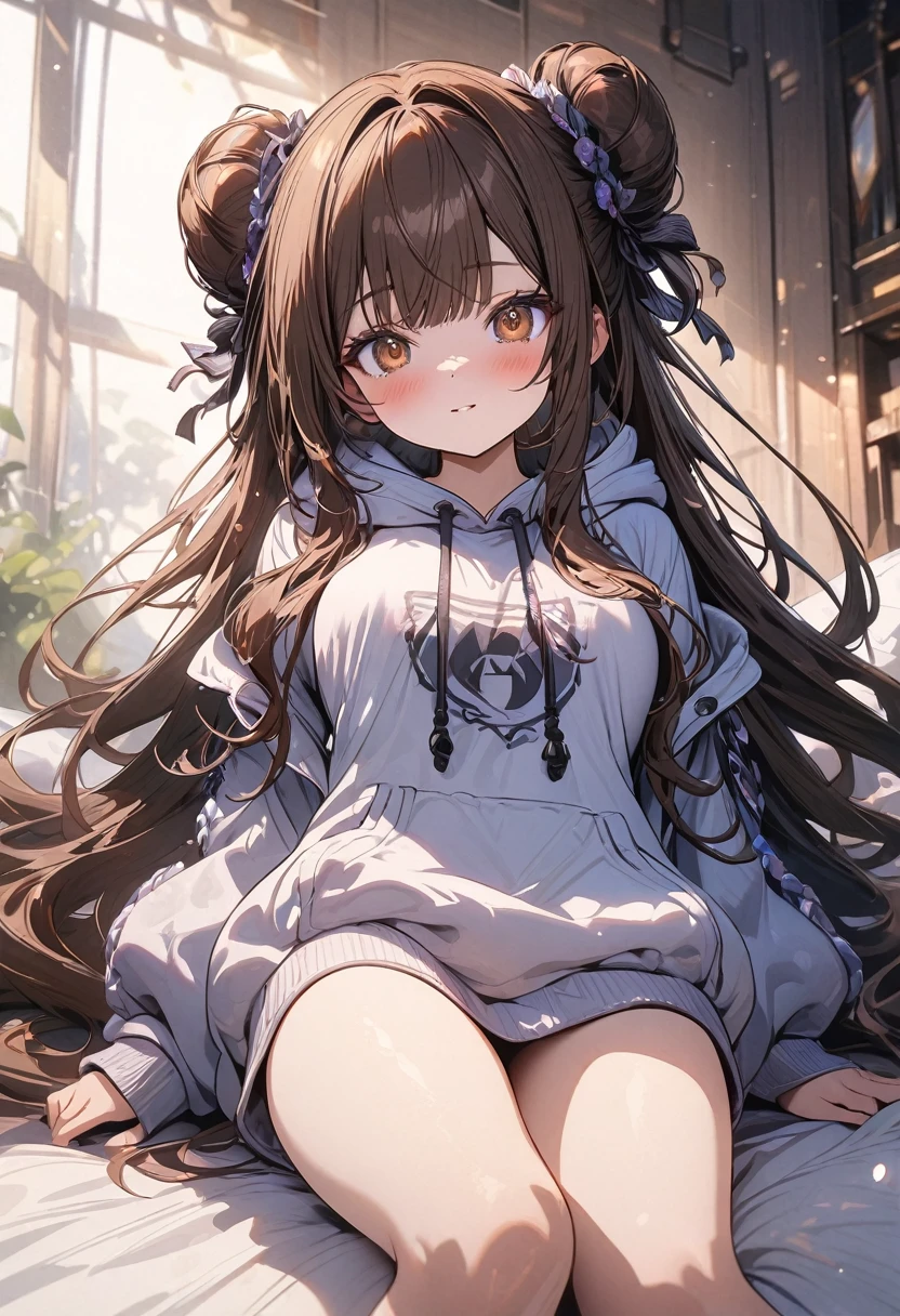 (masterpiece), best quality, very aesthetic, newest, absurdres, detailed, high quality
BREAK
highest quality, top quality, details, highres, ultra fine painting, digital art, official art, splash art, cinematic, 4k, 8k resolution, 8K CG wallpaper, original artwork, detailed background, High Dynamic Range, lens flare, blurry background, Starburst effects, crepuscular rays, good ISO, high resolution, wide shot, from far away, POV, sharp focus, light reflection, reflections, intricate details, soft light, particle noise, professional photography, bokeh, depth of field, studio lighting, vibrant colors, detailed lights and shadows, stylish, ultra-detailed, top rated on Pixiv, trending on Artstation, niji style, master crafted, pose
BREAK
solo, from above, 1girl, pale skin, correct fingers, detailed hand, (big toned breasts:1.2), big thighs, small torso, short body, flushtered, blush, anxious expression, embarassed, embarassed act, casual, slim, ((cute, childlike face):1.3), nice body, nice hips, brown hair, (very long flowing hair, 2 buns hairstyle), long bangs, long hair, middle hair bangs, brown eyes
BREAK
((oversized hoodie), one-piece hoodie, comfortable vibe, modest, full body shot) 
BREAK
(Full bed sheets background, (the subject is in a laying down position on the bed with her head placed on a pillow)), messy bedsheets, pillows