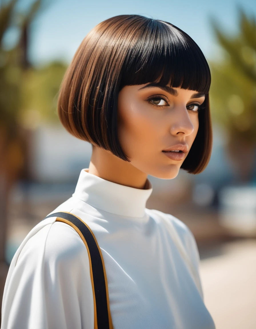photograph, Foul Futuristic arabic Female Tanner, Visionary hair, Bowl cut hairstyle, near School, soft focus, Ultrarealistic, Normcore Art, VOGUE, profile photo, film grain, Nikon Z9, F/8, four colors, [art by Léon Bakst, (art by Jarek Kubicki:0.7) :3],