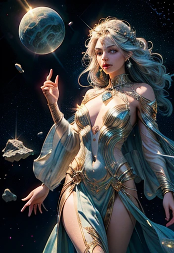 (Galactic Goddess:1.2), (celestial being:1.2), star-filled skin, flowing iridescent hair, ((masterpiece:1.4, best quality)), ((masterpiece, best quality)), (photo realistic:1.4), 1goddess, (divine female figure), ((glowing stars)), swirling nebulae, serene expression, (distant galaxies:1.2), cosmic attire, ((stardust gown, constellation patterns, celestial symbols)), ((floating asteroids:1.2)), shooting stars, radiant auroras, rich colors, deep blues, purples, hints of gold and silver, harmonious composition, magical, otherworldly, cosmic beauty, professional lighting, physically-based rendering, ethereal, majestic, Rich Detail, Perfect Image Quality