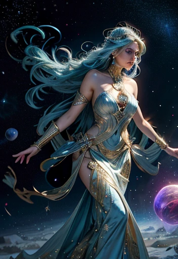 (Galactic Goddess:1.2), (celestial being:1.2), star-filled skin, flowing iridescent hair, ((masterpiece:1.4, best quality)), ((masterpiece, best quality)), (photo realistic:1.4), 1goddess, (divine female figure), ((glowing stars)), swirling nebulae, serene expression, (distant galaxies:1.2), cosmic attire, ((stardust gown, constellation patterns, celestial symbols)), ((floating asteroids:1.2)), shooting stars, radiant auroras, rich colors, deep blues, purples, hints of gold and silver, harmonious composition, magical, otherworldly, cosmic beauty, professional lighting, physically-based rendering, ethereal, majestic, Rich Detail, Perfect Image Quality