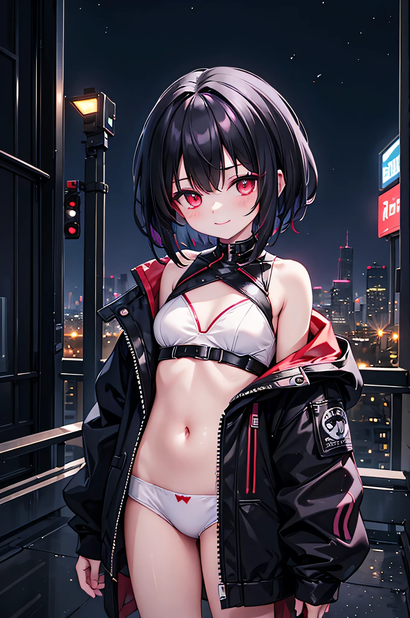 (masterpiece), cyber punk, city, night, Neon Light, city lights, One girl, Black Hair,White underwear with red pattern, short hair,Red Eye,hair ornaments,Around ,smile,He has taken off his jacket and is exposing his shoulders.