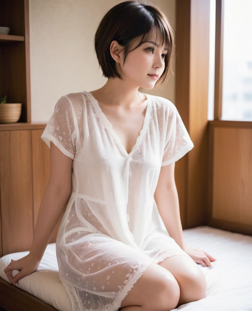 Romantic Lesbians、Japan now、Shaved Head、Sheer Japanese nightgown、Temple bedroom、caress each other