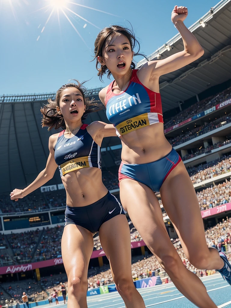 a woman sprinter, fit athletic female runner, dynamic motion, sprinting pose, muscular legs, intense expression, short distance runner, fast speed, motion blur, sports arena, stadium, crowd cheering, gold medal, blue sky, sunlight