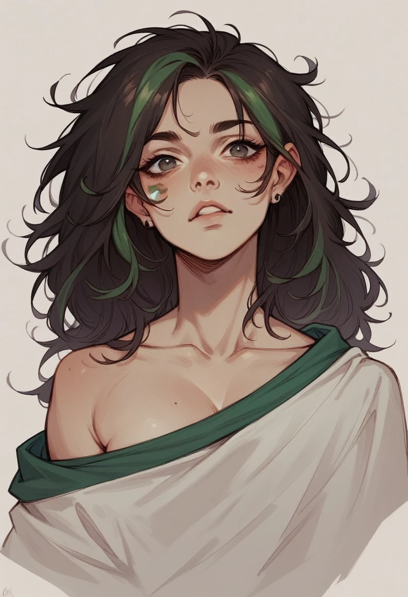 Brunette girl with dark hair and a green streak in a