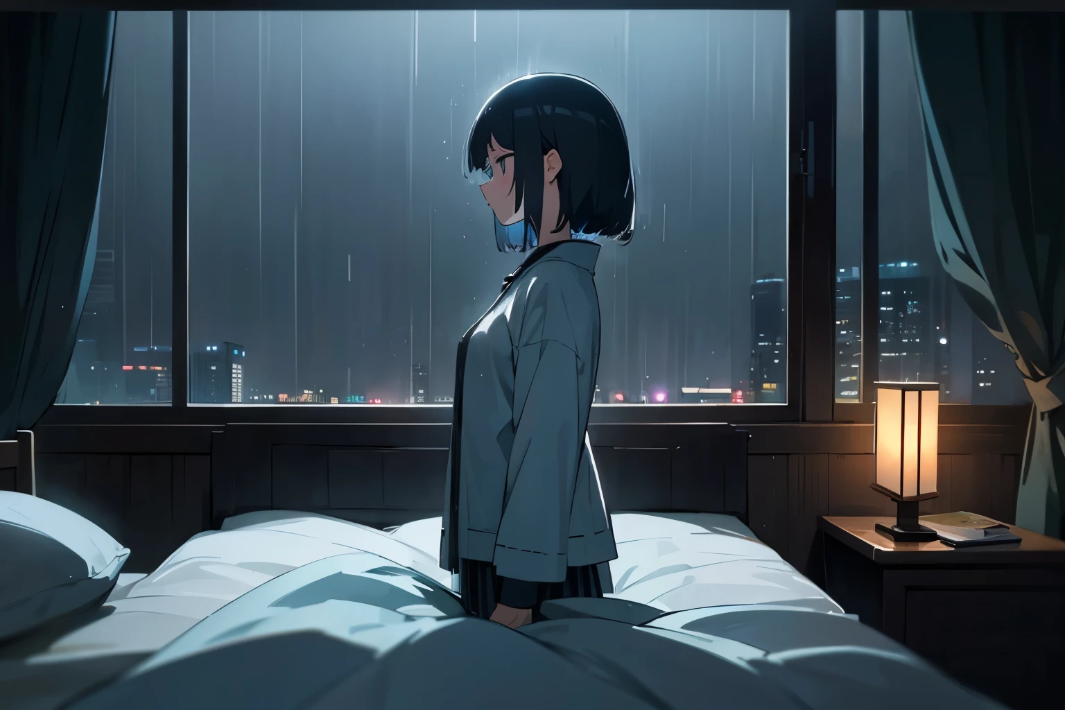 "Movie 16:9 aspect ratio,for sleeping、Night Scenery、 Imagine a rainy day scene that captures an atmosphere of solitude and introspection.. Anime Women、Bed、profile、rainy atmosphere."