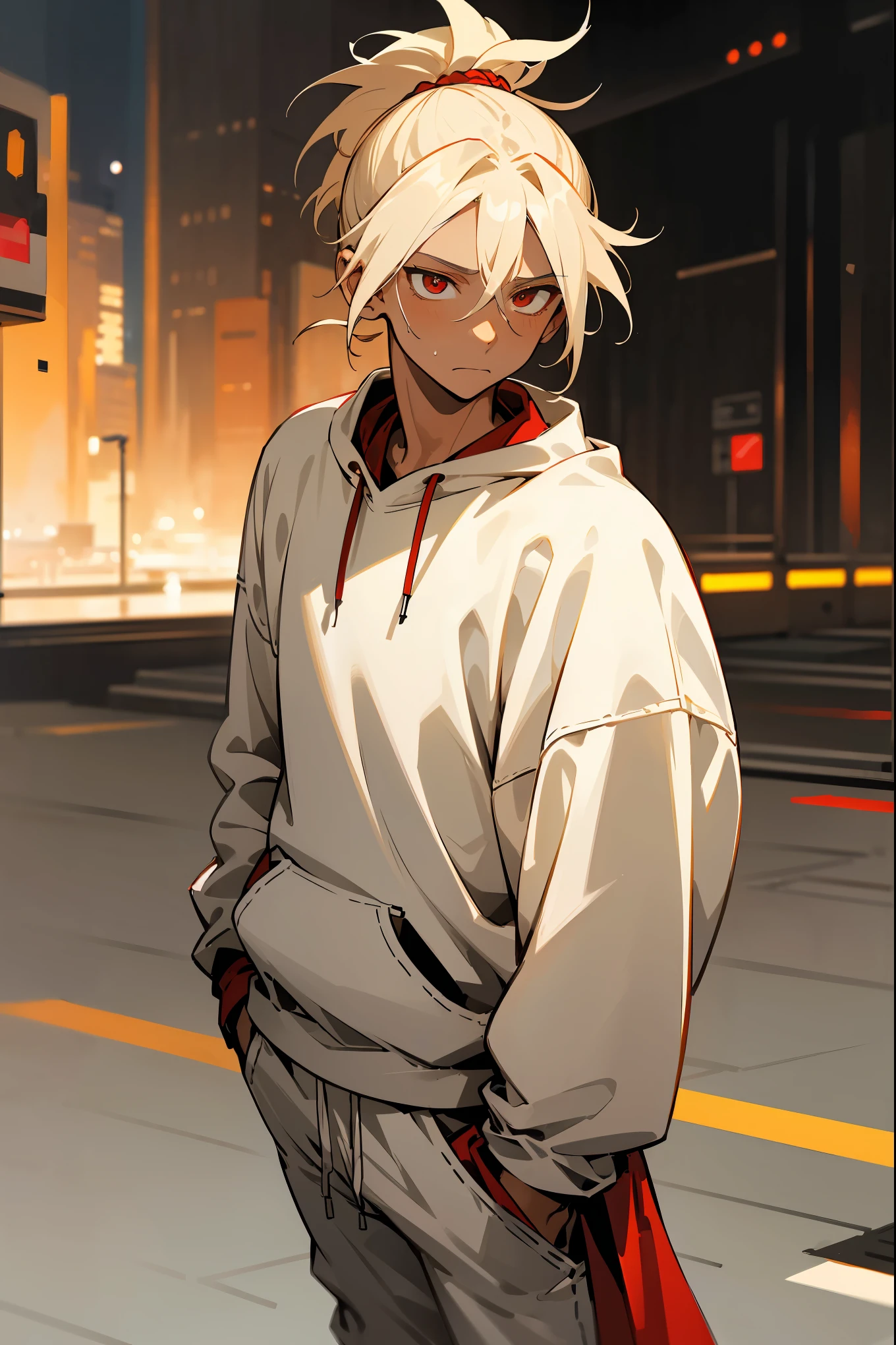 1male, teenager, faded blonde hair, ponytail, man bun, messy hair, crimson eyes, calm expression, white sweatshirt, white joggers, white jordans, dark skin, standing on path, hands to side, city background, detailed background, detailed face