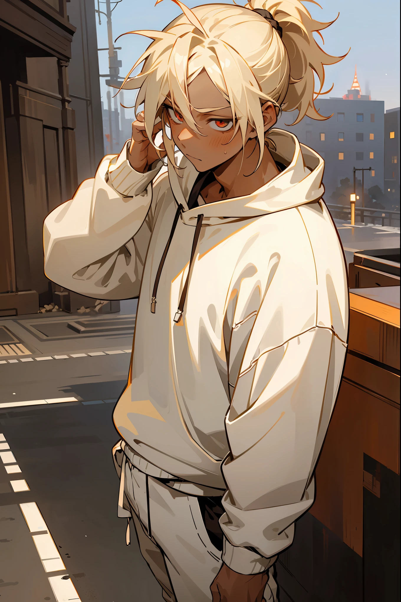1male, ager, faded blonde hair, ponytail, man bun, messy hair, crimson eyes, calm expression, white sweatshirt, white joggers, white jordans, dark skin, standing on path, hands to side, city background, detailed background, detailed face