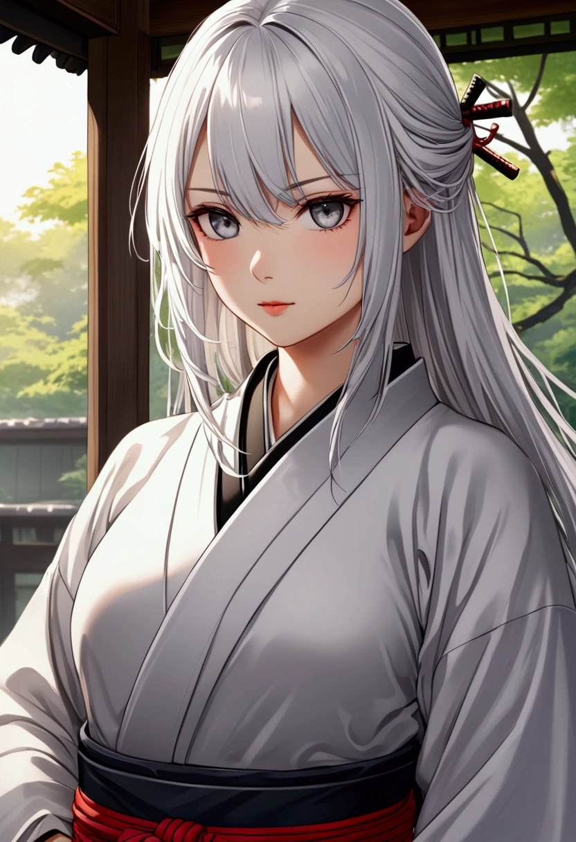 A girl with long smooth white hair,grey eyes,fair skin tone, average height,samurai, detailed eyes, detailed body, 8k highres best quality.