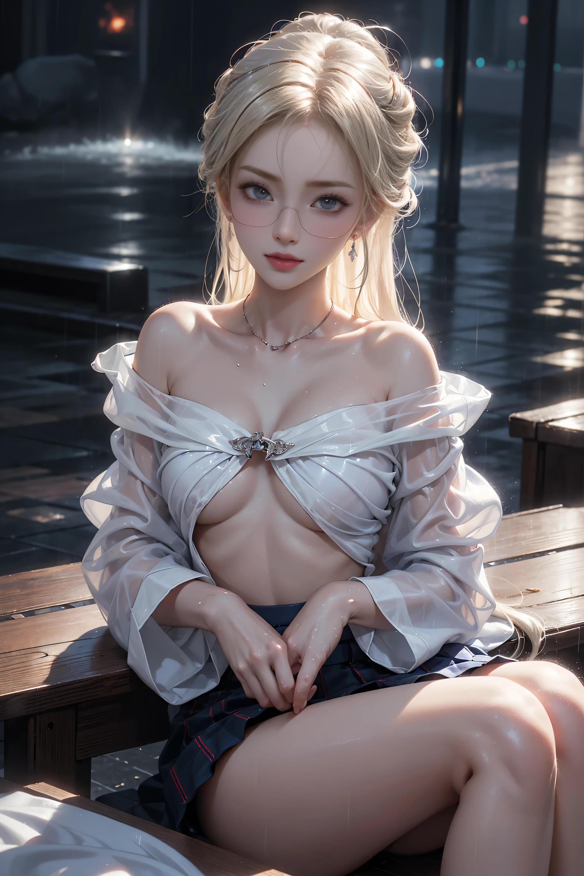 (RAW shooting, Photorealistic:1.5, 8k, Highest quality, masterpiece, Ultra-high resolution), Perfect dynamic composition:1.2, Night Street Corner, Looking up at the sky:1.3, (((Heavy rain from a typhoon))), Highly detailed skin and facial textures:1. 2, A slim high school girl wet with rain:1.3, Sexy beauty, Perfect Style:1.2, Aesthetic and beautiful, Fair skin, Very beautiful face, (Rain dripping all over my body:1. 2, Wet Hair:1.4, Wet Hair:1. 2)、Water droplets on the skin、(Medium chest、Chest gap)、(Shy laugh、The expression when feeling intense caressing、Facial expression when feeling pleasure)、(Beautiful blue eyes)、perfect body、Perfect fingertips(Girl sitting on train seat)、Highest quality works、Live-action work、Ultra Premium Graphics、8K HD CG Works、High Quality Graphics、High-definition CG works、10x pixels、Ultra-fine details:1. 1、Advanced technical details:1.1、Photorealistic、Indoor Lighting Effects:1.5、Natural light:1.5。Lighting Effects(Virtual Lighting Effects:1. 8),(Thin eyebrows),(High nose),(Clean red lips),(Rose Cheeks),(Subtle makeup face),(Girl),(Cute face),(Perfectly balanced face),(Light-toned foundation),(Enhances the clarity of the skin)((Off the shoulder、Translucent wet white blouse、loose red tie、Navy blue checked skirt)).( Wet light blue bra、Pink nipples)、Clothes with a lovely swirl pattern design、Iris Heterochromatic Eyes、Silver Haired Girl、Off the shoulder wallpaper HD、((Nipples))、(Puffy eyes:1. 2)、(Thin legs)、(Light on face and chest)、((((underboob))))、underboob、Oily skin、Skinny、(the underside of the chest is slightly visible)、 (I can see the underboob、Belly button and ribs visible)、The hips and lower abdomen are visible、
40k, photograph, On the table, Highest quality, Rain Background, ((Light Hair Girl, She has a beautiful face and、Wear glasses,