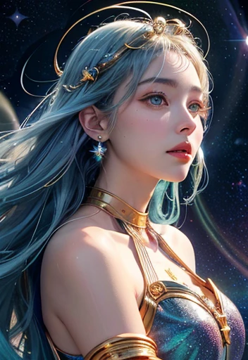 (Galactic Goddess:1.2), (celestial being:1.2), star-filled skin, flowing iridescent hair, ((masterpiece:1.4, best quality)), ((masterpiece, best quality)), (photo realistic:1.4), 1goddess, (divine female figure), ((glowing stars)), swirling nebulae, serene expression, (distant galaxies:1.2), cosmic attire, ((stardust gown, constellation patterns, celestial symbols)), ((floating asteroids:1.2)), shooting stars, radiant auroras, rich colors, deep blues, purples, hints of gold and silver, harmonious composition, magical, otherworldly, cosmic beauty, professional lighting, physically-based rendering, ethereal, majestic, Rich Detail, Perfect Image Quality