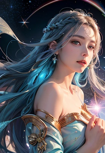 (Galactic Goddess:1.2), (celestial being:1.2), star-filled skin, flowing iridescent hair, ((masterpiece:1.4, best quality)), ((masterpiece, best quality)), (photo realistic:1.4), 1goddess, (divine female figure), ((glowing stars)), swirling nebulae, serene expression, (distant galaxies:1.2), cosmic attire, ((stardust gown, constellation patterns, celestial symbols)), ((floating asteroids:1.2)), shooting stars, radiant auroras, rich colors, deep blues, purples, hints of gold and silver, harmonious composition, magical, otherworldly, cosmic beauty, professional lighting, physically-based rendering, ethereal, majestic, Rich Detail, Perfect Image Quality