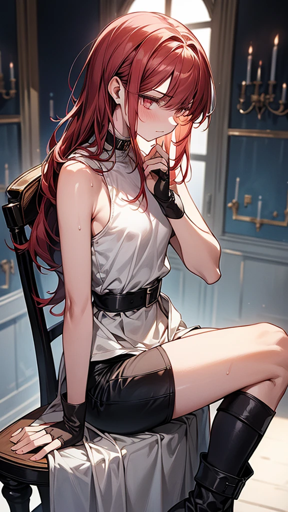 {{masterpiece}}, {{{Highest quality}}},{{Very detailed}},1girl,30years old,{Mature Woman}},Cowboy Shot,from side,{{Small breasts}},{{Female Fighter}},{{Shorts:1.4}},{{Sit on a chair and take a rest}},Slim body,{{Slender body}}、barefoot,{{A loose fitting white sleeveless tunic}}、Shorts belt black fingerless gloves Red Hair ruins,,{{v-shaped eyebrows}},Bad mood,blush、Sweat, View your viewers、short boots