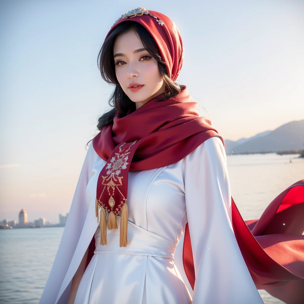 arafed woman in a white and gold dress and a red scarf, a picture inspired by Nazmi Ziya Güran, shutterstock, hurufiyya, beautiful oriental woman, white hijab, wonderful, wearing a luxurious silk cloak, portrait shot, traditional beauty, captured on canon eos r 6, arabian beauty, beautiful arab woman, gorgeous lady